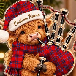 ScotsTee Shop Scottish Inverness District Tartan Highland Cow Bagpiper Christmas Ornament