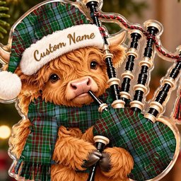 ScotsTee Shop Scottish Gayre Tartan Highland Cow Bagpiper Christmas Ornament