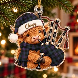ScotsTee Shop Scottish Clergy Green Tartan Highland Cow Bagpiper Christmas Ornament