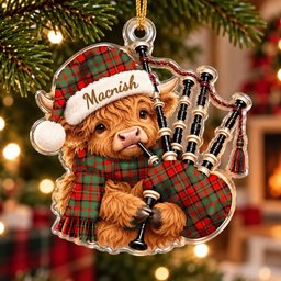 ScotsTee Shop Scottish Macnish Modern Tartan Highland Cow Bagpiper Christmas Ornament
