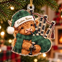 ScotsTee Shop Scottish Macdonald Lord Of The Isles Hunting Tartan Highland Cow Bagpiper Christmas Ornament