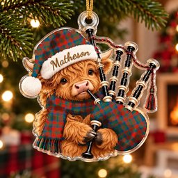 ScotsTee Shop Scottish Matheson Ancient Tartan Highland Cow Bagpiper Christmas Ornament