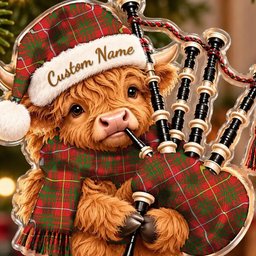 ScotsTee Shop Scottish Carruthers Tartan Highland Cow Bagpiper Christmas Ornament