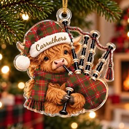 ScotsTee Shop Scottish Carruthers Tartan Highland Cow Bagpiper Christmas Ornament