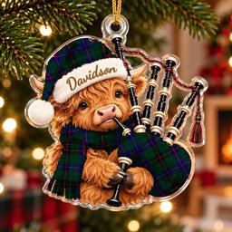 ScotsTee Shop Scottish Davidson Modern Tartan Highland Cow Bagpiper Christmas Ornament