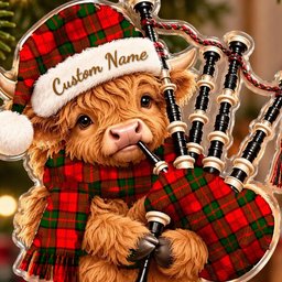 ScotsTee Shop Scottish Dunbar Modern Tartan Highland Cow Bagpiper Christmas Ornament