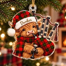 ScotsTee Shop Scottish Dunbar Modern Tartan Highland Cow Bagpiper Christmas Ornament