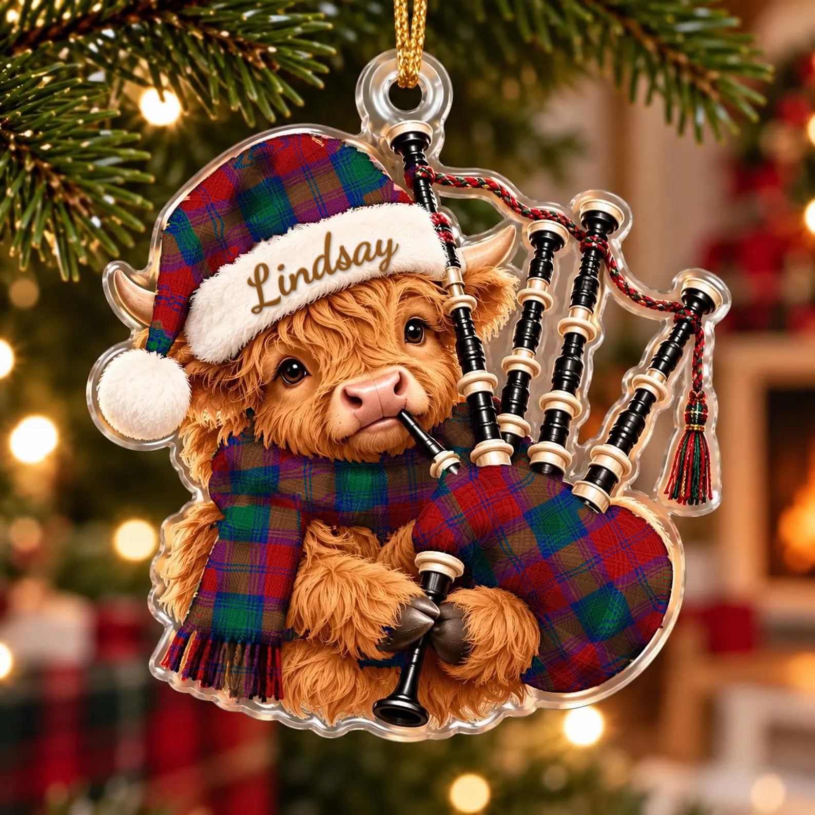 ScotsTee Shop Scottish Lindsay Modern Tartan Highland Cow Bagpiper Christmas Ornament