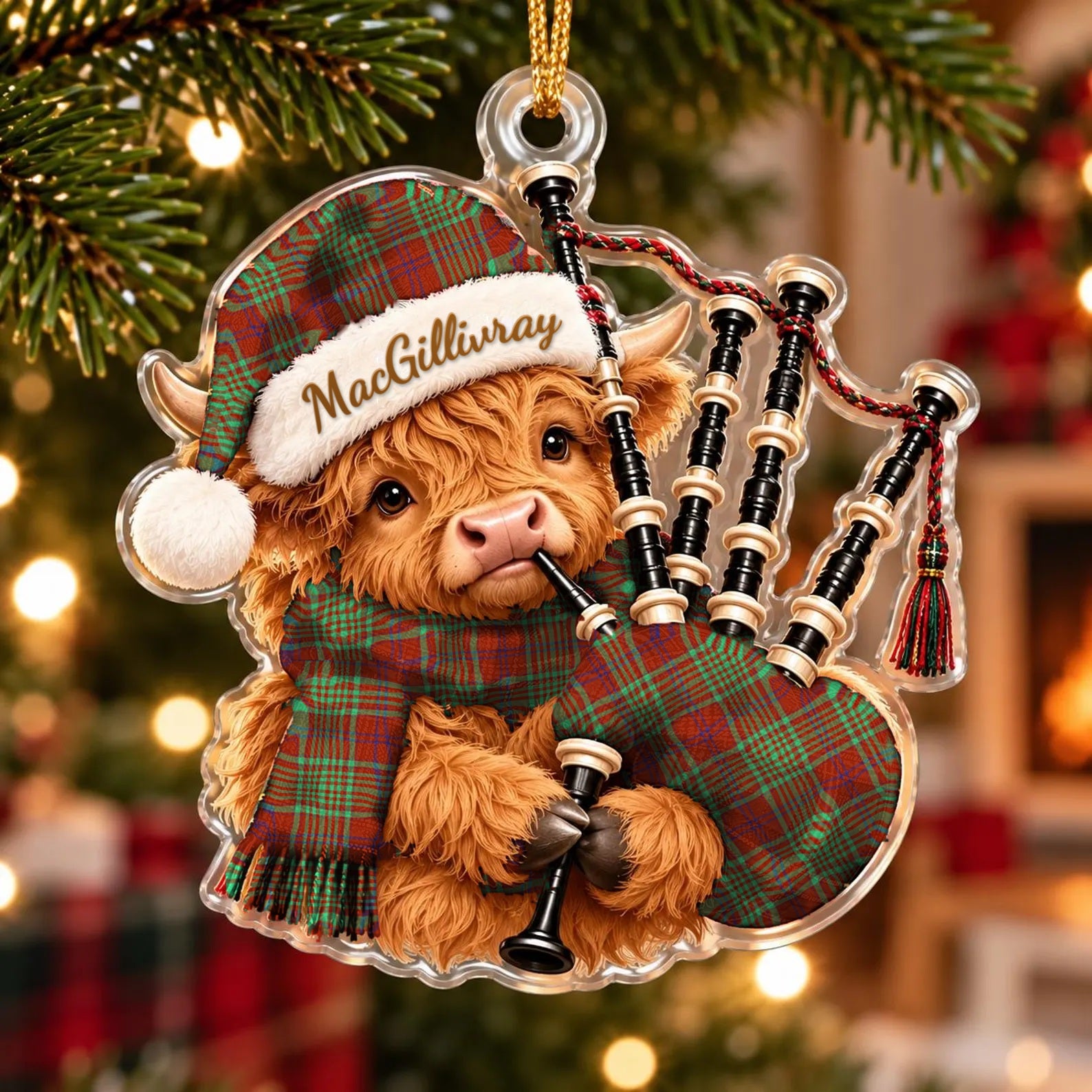 ScotsTee Shop Scottish Macgillivray Hunting Ancient Tartan Highland Cow Bagpiper Christmas Ornament