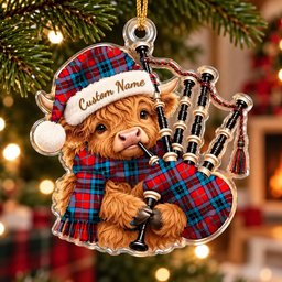ScotsTee Shop Scottish Mactavish Modern Tartan Highland Cow Bagpiper Christmas Ornament
