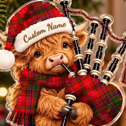 ScotsTee Shop Scottish Macdougall Modern Tartan Highland Cow Bagpiper Christmas Ornament