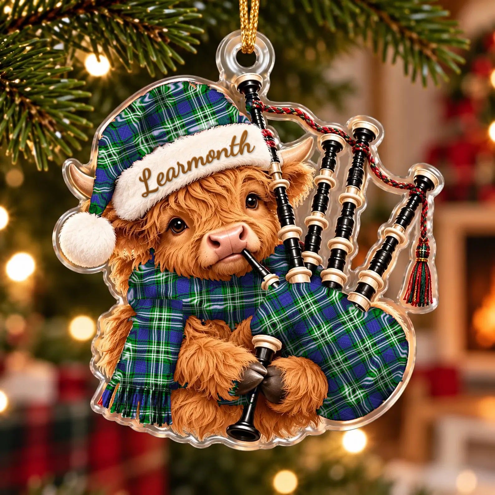 ScotsTee Shop Scottish Learmonth Tartan Highland Cow Bagpiper Christmas Ornament