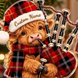 ScotsTee Shop Scottish Marjoribanks Tartan Highland Cow Bagpiper Christmas Ornament