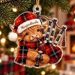 ScotsTee Shop Scottish Marjoribanks Tartan Highland Cow Bagpiper Christmas Ornament