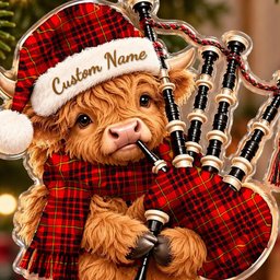 ScotsTee Shop Scottish Macian Tartan Highland Cow Bagpiper Christmas Ornament