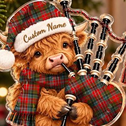 ScotsTee Shop Scottish Macpherson Weathered Tartan Highland Cow Bagpiper Christmas Ornament