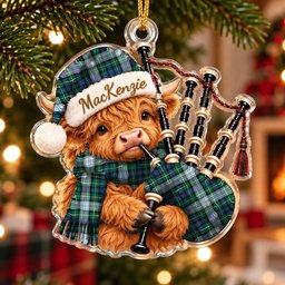 ScotsTee Shop Scottish Mackenzie Dress Ancient Tartan Highland Cow Bagpiper Christmas Ornament