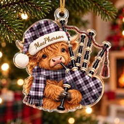 ScotsTee Shop Scottish Macpherson Hunting Modern Tartan Highland Cow Bagpiper Christmas Ornament