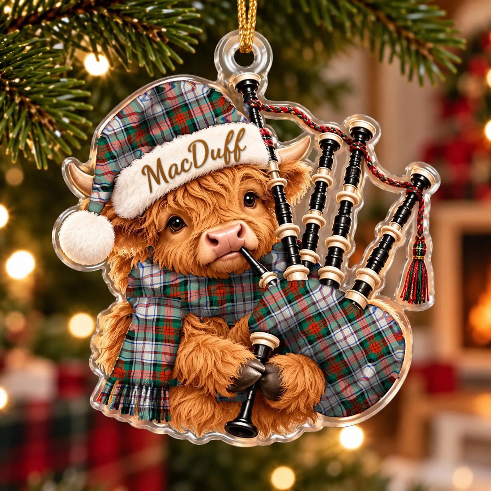 ScotsTee Shop Scottish Macduff Dress Ancient Tartan Highland Cow Bagpiper Christmas Ornament