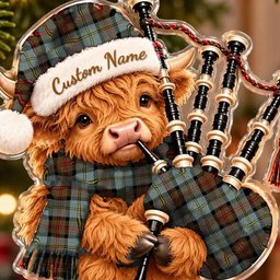ScotsTee Shop Scottish Macleod Of Harris Weathered Tartan Highland Cow Bagpiper Christmas Ornament