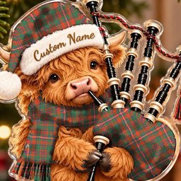 ScotsTee Shop Scottish Mackinnon Ancient Tartan Highland Cow Bagpiper Christmas Ornament