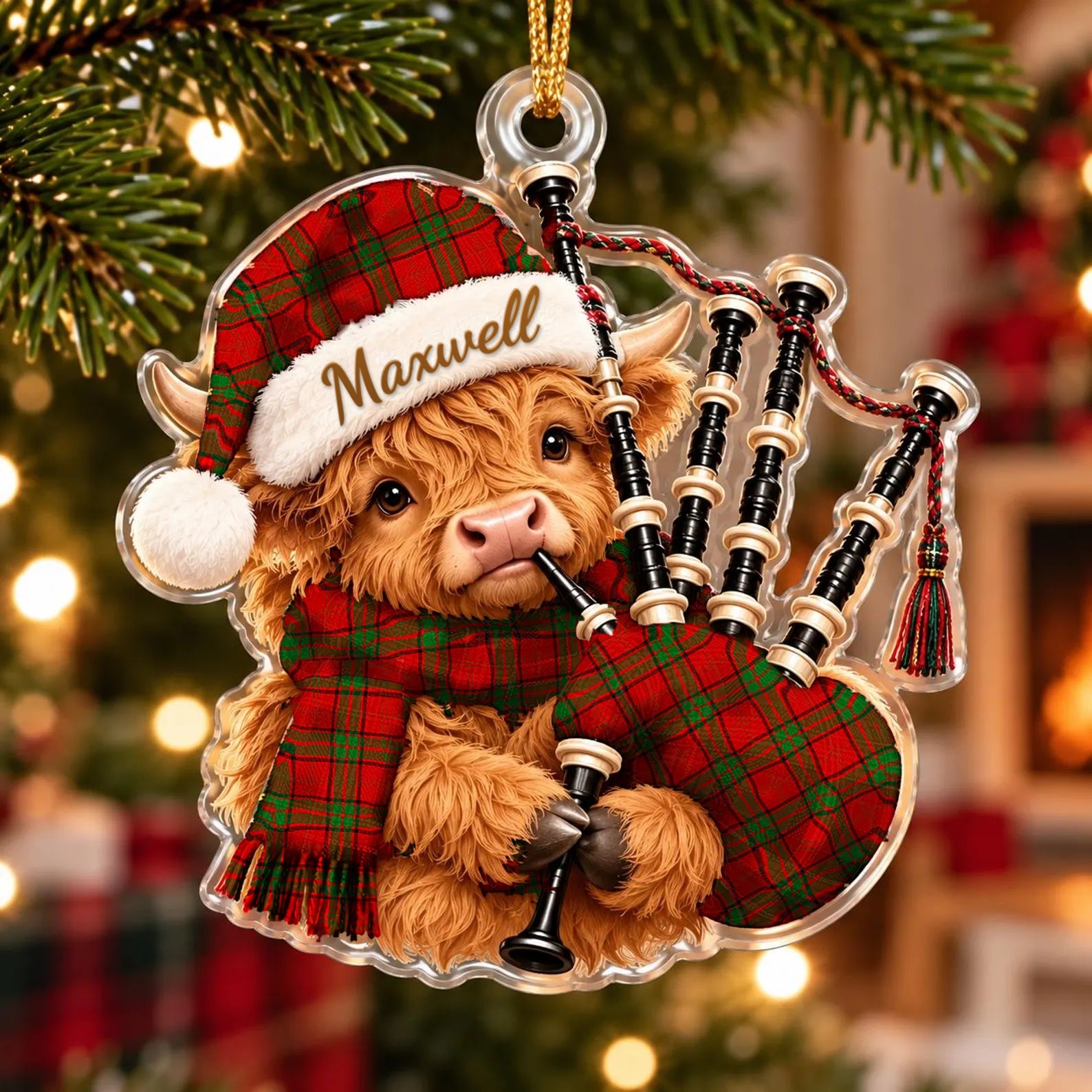 ScotsTee Shop Scottish Maxwell Tartan Highland Cow Bagpiper Christmas Ornament