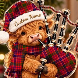 ScotsTee Shop Scottish Macrae Modern Tartan Highland Cow Bagpiper Christmas Ornament
