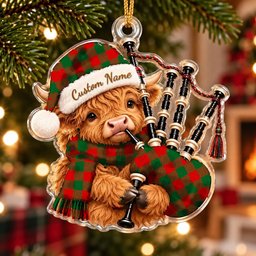 ScotsTee Shop Scottish Moncrieffe Tartan Highland Cow Bagpiper Christmas Ornament