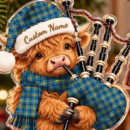 ScotsTee Shop Scottish Laing Tartan Highland Cow Bagpiper Christmas Ornament