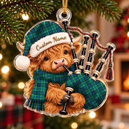 ScotsTee Shop Scottish Macneill Of Colonsay Ancient Tartan Highland Cow Bagpiper Christmas Ornament