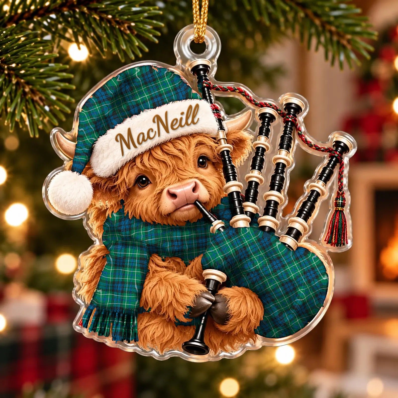 ScotsTee Shop Scottish Macneill Of Colonsay Ancient Tartan Highland Cow Bagpiper Christmas Ornament