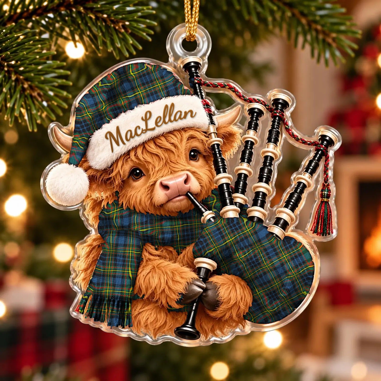 ScotsTee Shop Scottish Maclellan Ancient Tartan Highland Cow Bagpiper Christmas Ornament