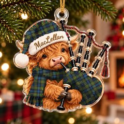 ScotsTee Shop Scottish Maclellan Ancient Tartan Highland Cow Bagpiper Christmas Ornament