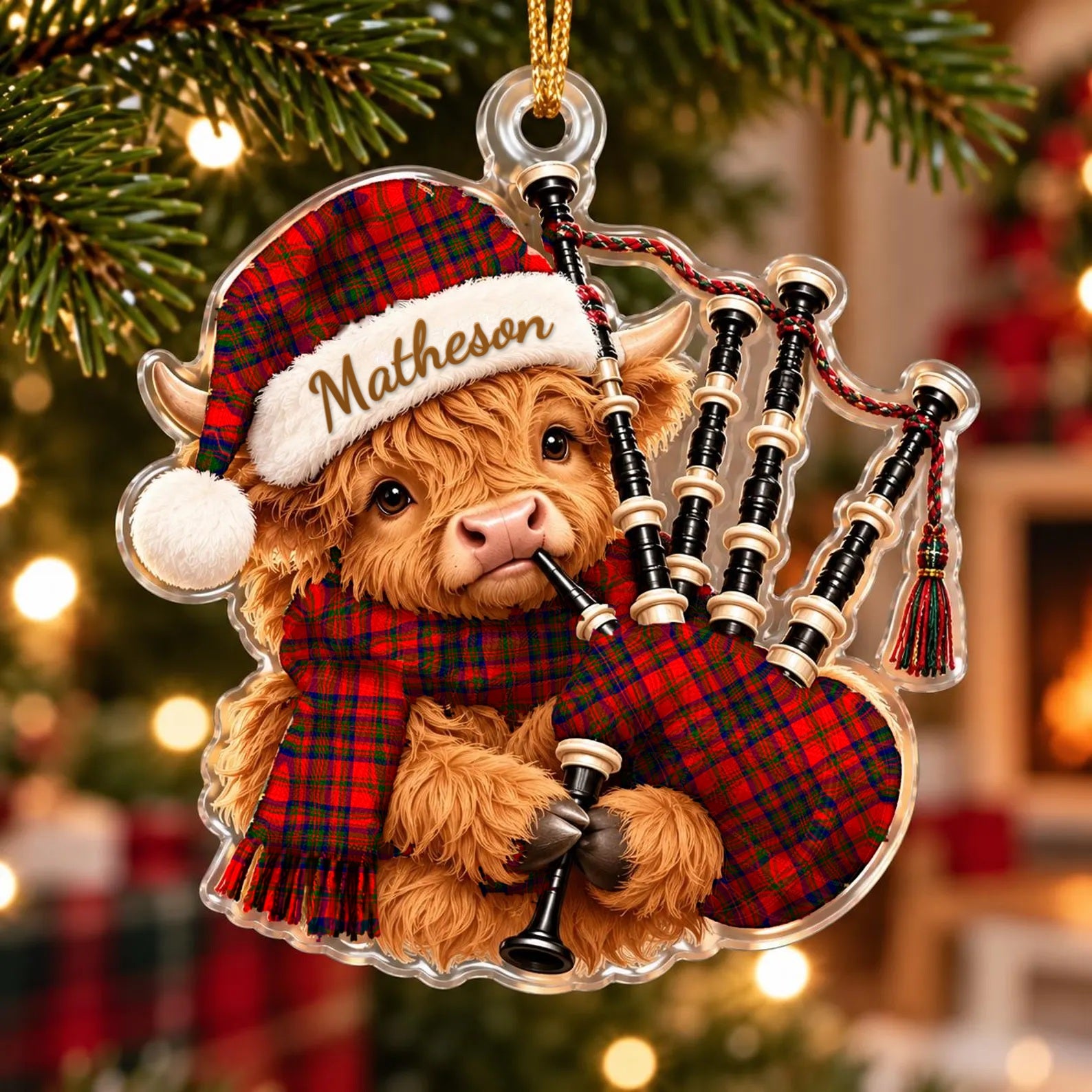 ScotsTee Shop Scottish Matheson Modern Tartan Highland Cow Bagpiper Christmas Ornament
