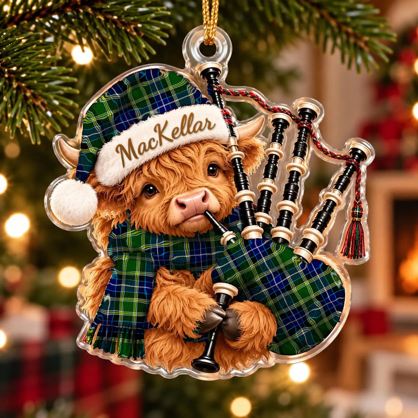ScotsTee Shop Scottish Mackellar Tartan Highland Cow Bagpiper Christmas Ornament