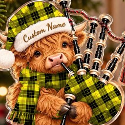 ScotsTee Shop Scottish Macleod Of Lewis Modern Tartan Highland Cow Bagpiper Christmas Ornament