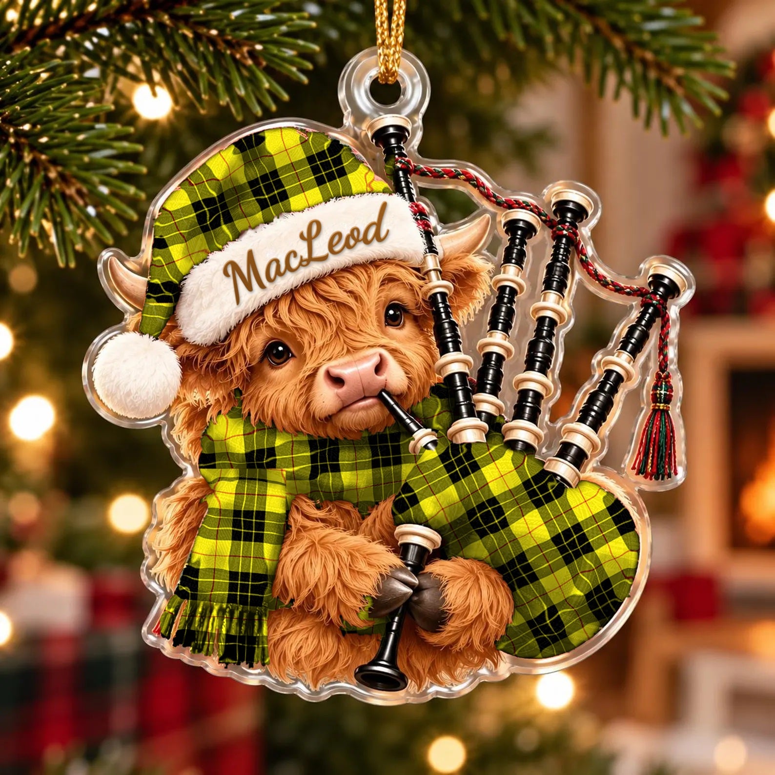 ScotsTee Shop Scottish Macleod Of Lewis Modern Tartan Highland Cow Bagpiper Christmas Ornament