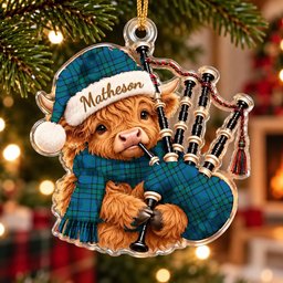 ScotsTee Shop Scottish Matheson Hunting Ancient Tartan Highland Cow Bagpiper Christmas Ornament