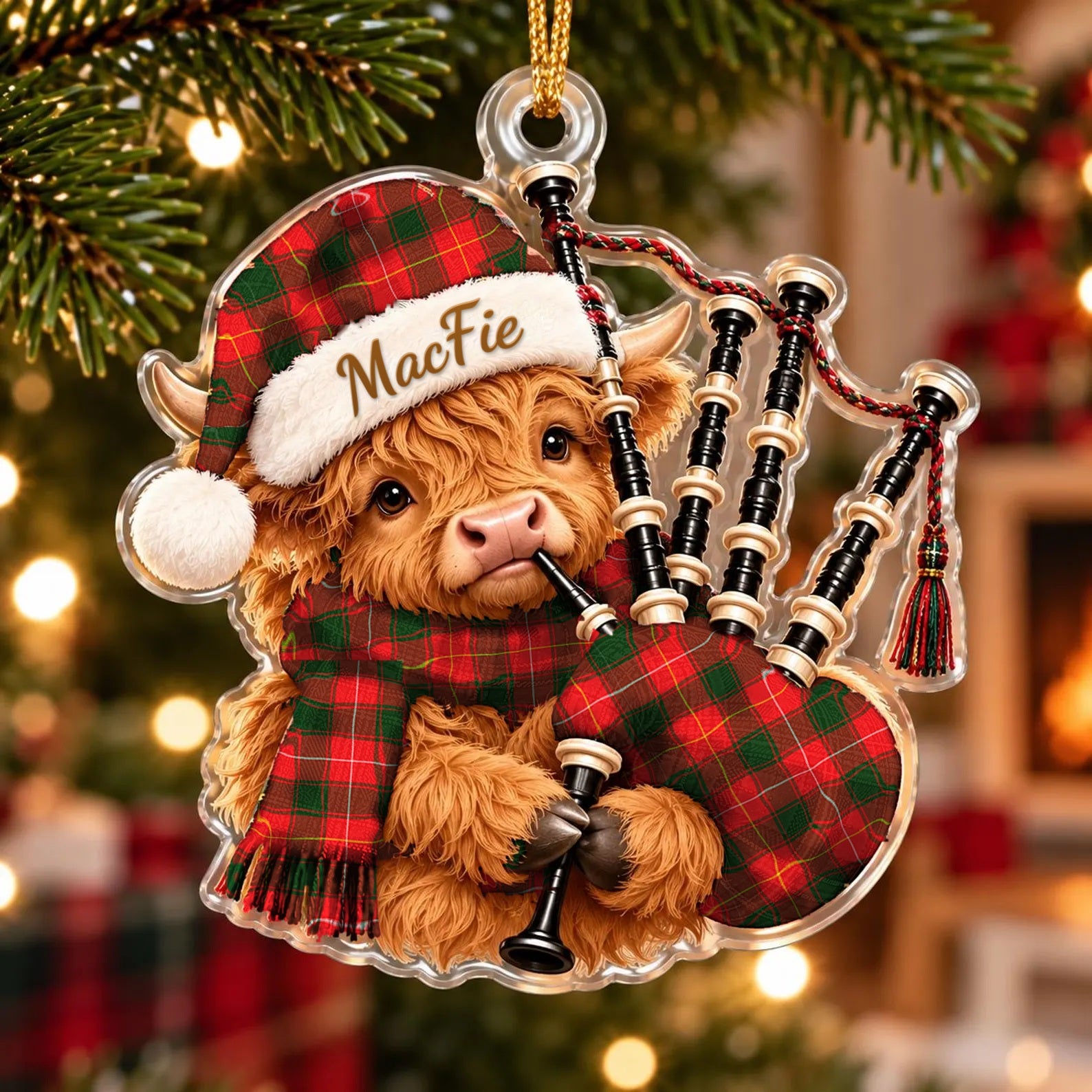ScotsTee Shop Scottish Macfie Tartan Highland Cow Bagpiper Christmas Ornament