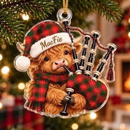 ScotsTee Shop Scottish Macfie Tartan Highland Cow Bagpiper Christmas Ornament