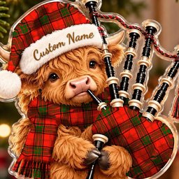 ScotsTee Shop Scottish Maxtone Tartan Highland Cow Bagpiper Christmas Ornament
