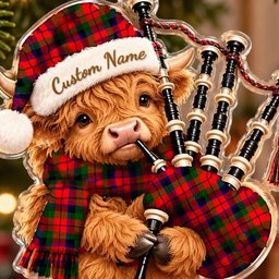 ScotsTee Shop Scottish Macnaughton Modern Tartan Highland Cow Bagpiper Christmas Ornament