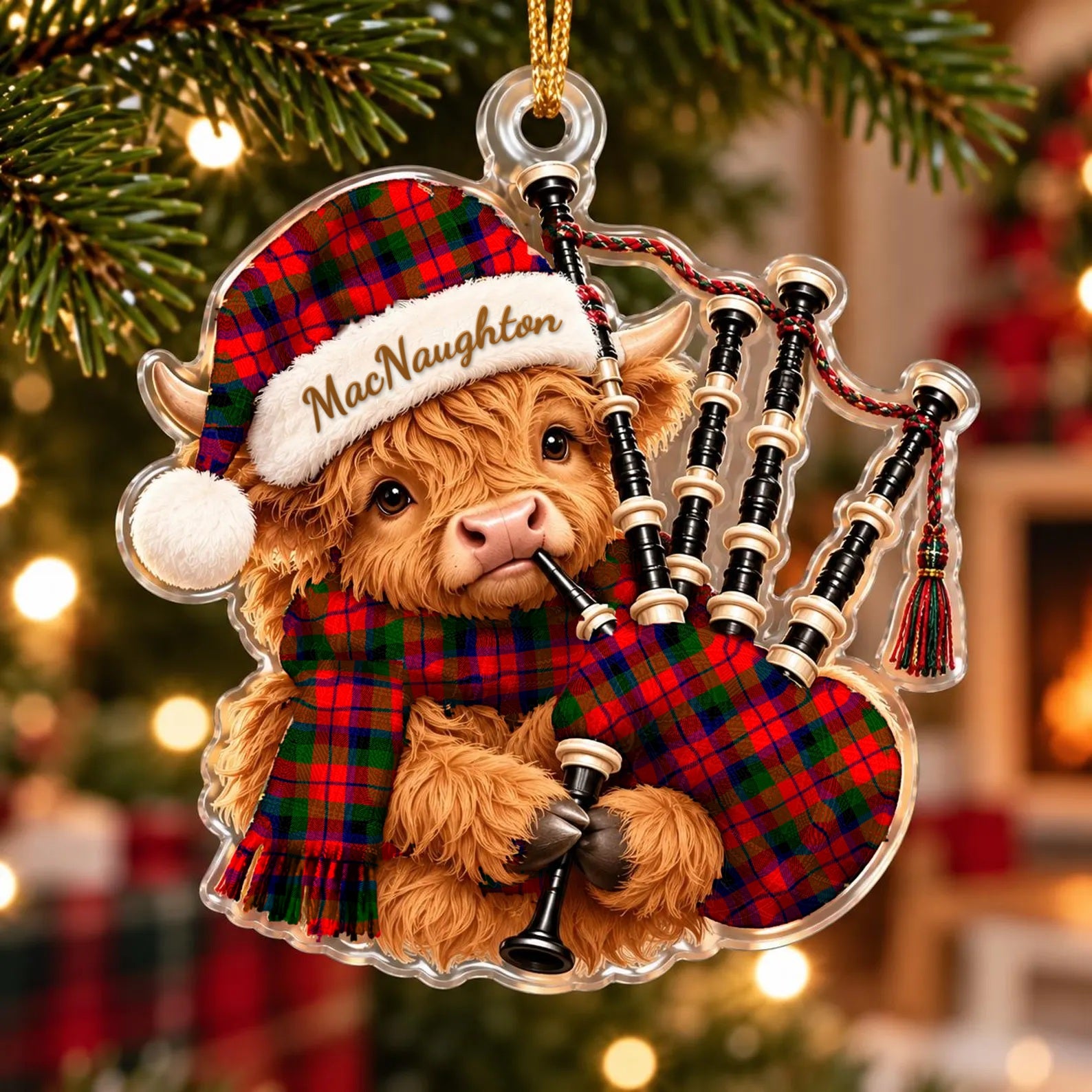 ScotsTee Shop Scottish Macnaughton Modern Tartan Highland Cow Bagpiper Christmas Ornament
