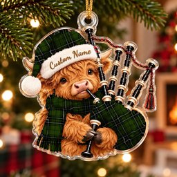 ScotsTee Shop Scottish Maclean Hunting Tartan Highland Cow Bagpiper Christmas Ornament