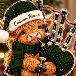 ScotsTee Shop Scottish Maclean Hunting Tartan Highland Cow Bagpiper Christmas Ornament
