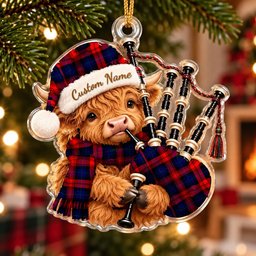 ScotsTee Shop Scottish Maclachlan Modern Tartan Highland Cow Bagpiper Christmas Ornament