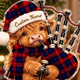 ScotsTee Shop Scottish Maclachlan Modern Tartan Highland Cow Bagpiper Christmas Ornament