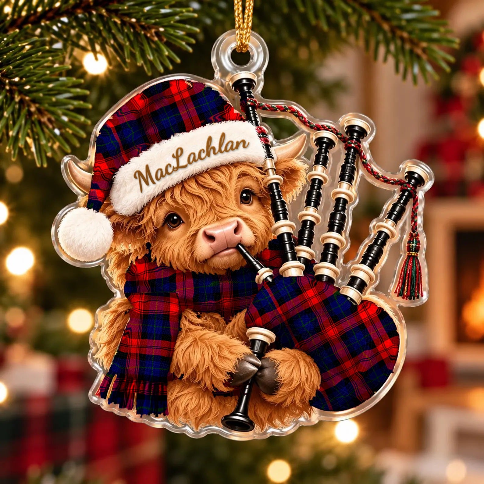 ScotsTee Shop Scottish Maclachlan Modern Tartan Highland Cow Bagpiper Christmas Ornament