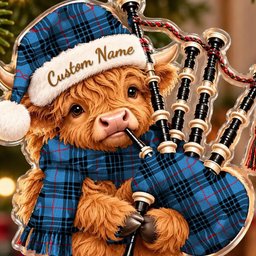 ScotsTee Shop Scottish Mackay Blue Tartan Highland Cow Bagpiper Christmas Ornament