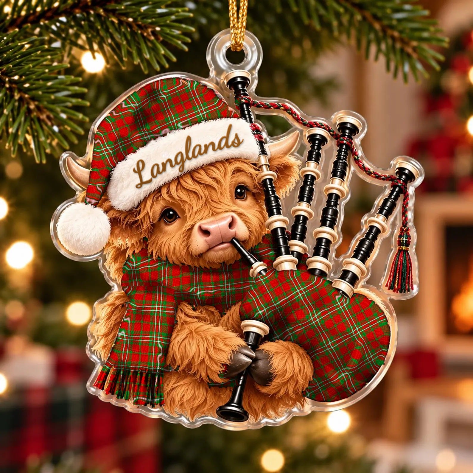 ScotsTee Shop Scottish Langlands Tartan Highland Cow Bagpiper Christmas Ornament